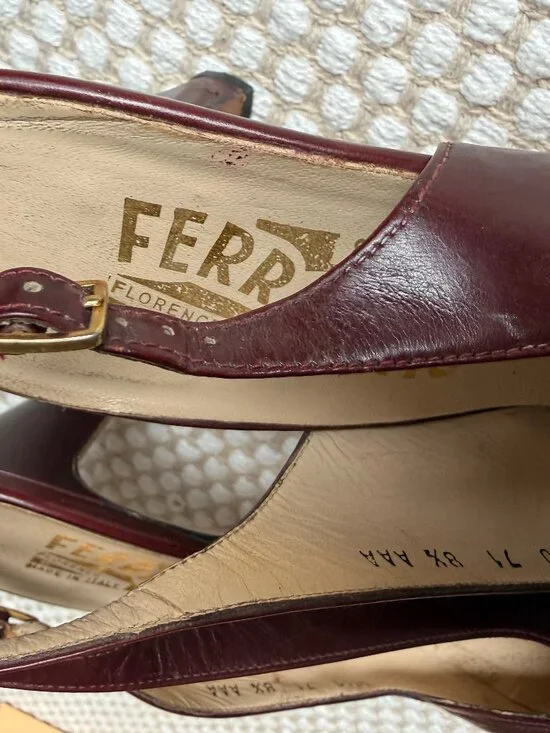 Salvatore Ferragamo | Vintage Burgundy Brown Slingback Heels - Picture 7 of 13